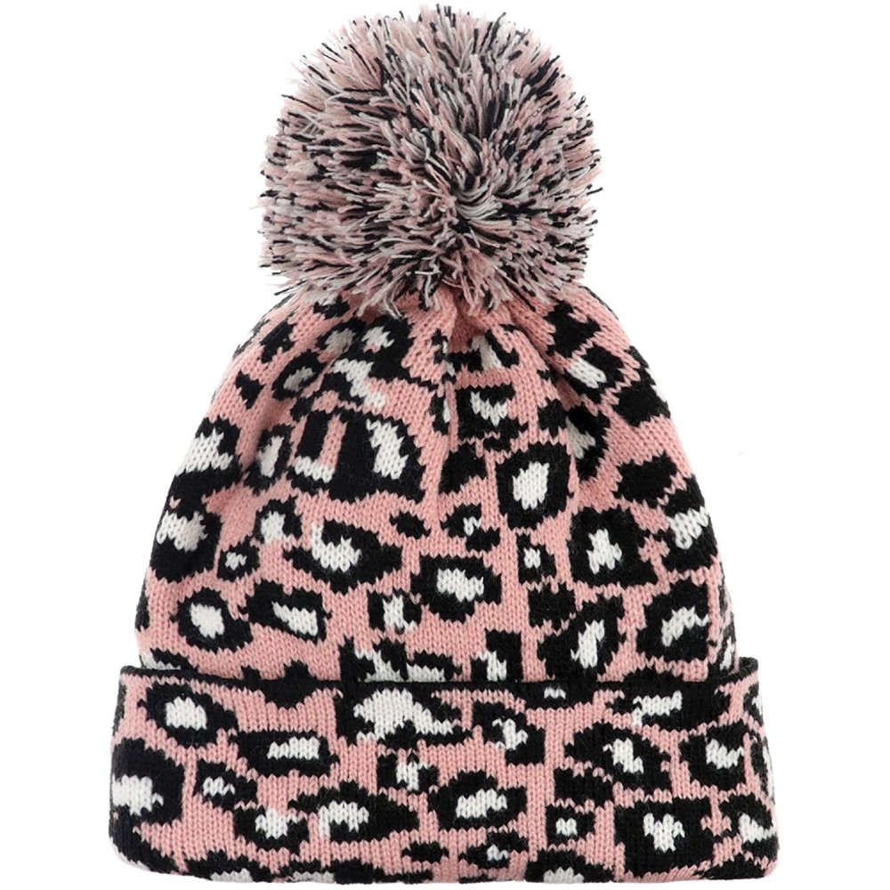 Skullies & Beanies Women Girls Fashion Winter Beanie hat with Leopard Pattern and Fur Pom - Pink - Leopard Pom - CP18AWCM5K7 ...