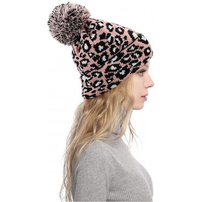 Skullies & Beanies Women Girls Fashion Winter Beanie hat with Leopard Pattern and Fur Pom - Pink - Leopard Pom - CP18AWCM5K7 ...