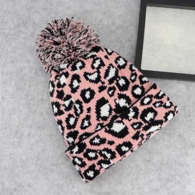 Skullies & Beanies Women Girls Fashion Winter Beanie hat with Leopard Pattern and Fur Pom - Pink - Leopard Pom - CP18AWCM5K7 ...