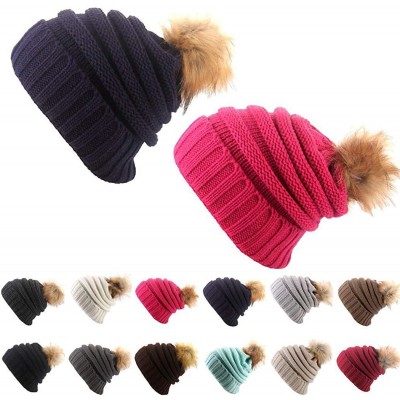 Skullies & Beanies Women Casual Headwear Stretchy Soft Hats Plush Ball Thicken Knitted Hat Skullies & Beanies - Rose Red - CI...