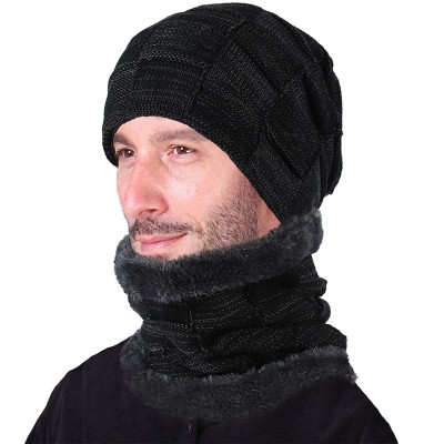 Skullies & Beanies 2-Pieces Winter Beanie Hat Scarf Set Warm Knit Hat Thick Fleece Lined Skull Cap for Men Women - Black-plai...