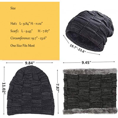 Skullies & Beanies 2-Pieces Winter Beanie Hat Scarf Set Warm Knit Hat Thick Fleece Lined Skull Cap for Men Women - Black-plai...