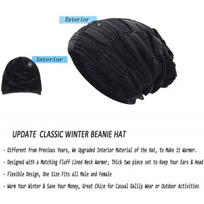 Skullies & Beanies 2-Pieces Winter Beanie Hat Scarf Set Warm Knit Hat Thick Fleece Lined Skull Cap for Men Women - Black-plai...