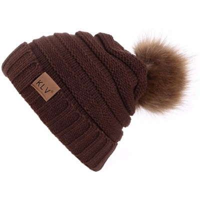 Skullies & Beanies Men Women Baggy Warm Crochet Faux Wool Knit Ski Beanie Skull Slouchy Caps Hat with Faux Fur Pompom - Coffe...