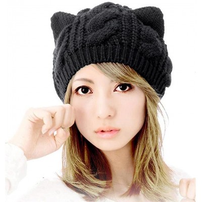 Skullies & Beanies DEESEE Beanie Hat Unisex Baggy Beret Winter Warm Cat Ears Hemp Knitted Hat - C612N1K6ZCO $9.42