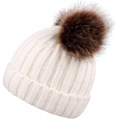 Skullies & Beanies Womens Beanie Winter Cable Knit Faux Fur Pompom Ears Beanie Hat - A_white - CB18E3CEUN5 $12.19