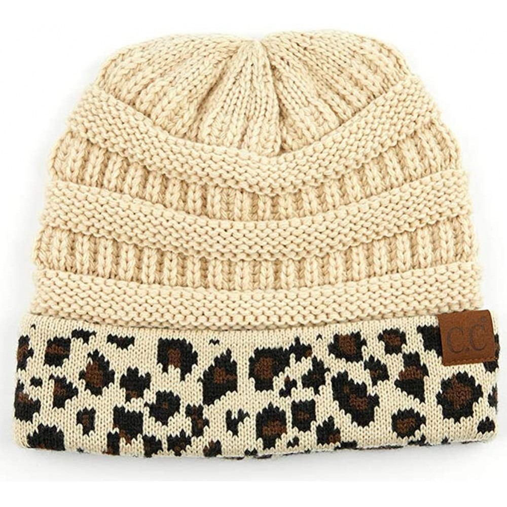 Skullies & Beanies Women Classic Solid Color with Leopard Cuff Beanie Skull Cap - A Beige - CO18XUQALZG $16.66