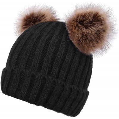 Skullies & Beanies Women's Winter Ski Knit Warm Fleece Beanie Hat w/Double Fur Pom - Black Hat Coffee Ball Black Lining - CV1...