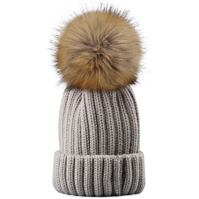 Skullies & Beanies Winter Knit Hat Real Raccoon Fur Pom Pom Womens Girls Knit Beanie Hat - Grey - CI18HZW0RD2 $16.99