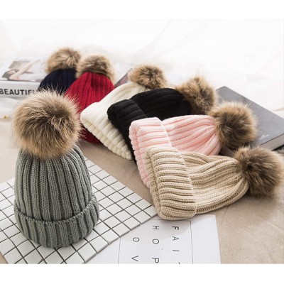 Skullies & Beanies Winter Knit Hat Real Raccoon Fur Pom Pom Womens Girls Knit Beanie Hat - Grey - CI18HZW0RD2 $16.99