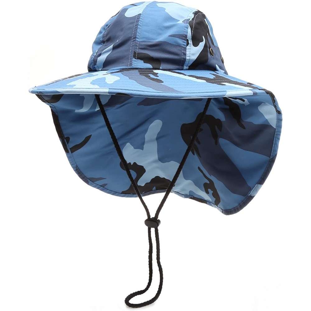 Sun Hats Outdoor Sun Protection Hunting Hiking Fishing Cap Wide Brim hat with Neck Flap - Blue Sky Camo - CH18G7UNA9H $13.22