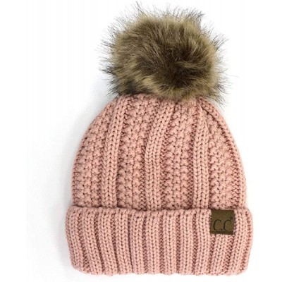 Skullies & Beanies Cable Knit Beanie with Faux Fur Pom - Warm- Soft- Thick Beanie Hats for Women & Men - Indi Pink - C318Y6GS...