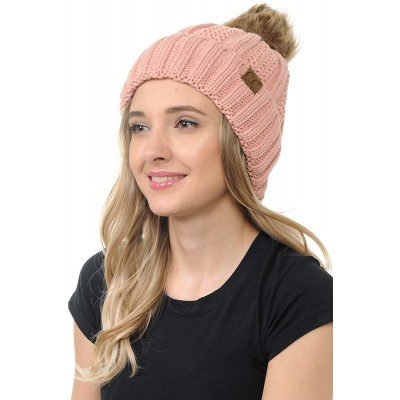 Skullies & Beanies Cable Knit Beanie with Faux Fur Pom - Warm- Soft- Thick Beanie Hats for Women & Men - Indi Pink - C318Y6GS...