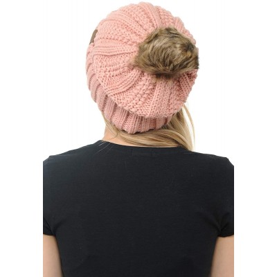 Skullies & Beanies Cable Knit Beanie with Faux Fur Pom - Warm- Soft- Thick Beanie Hats for Women & Men - Indi Pink - C318Y6GS...