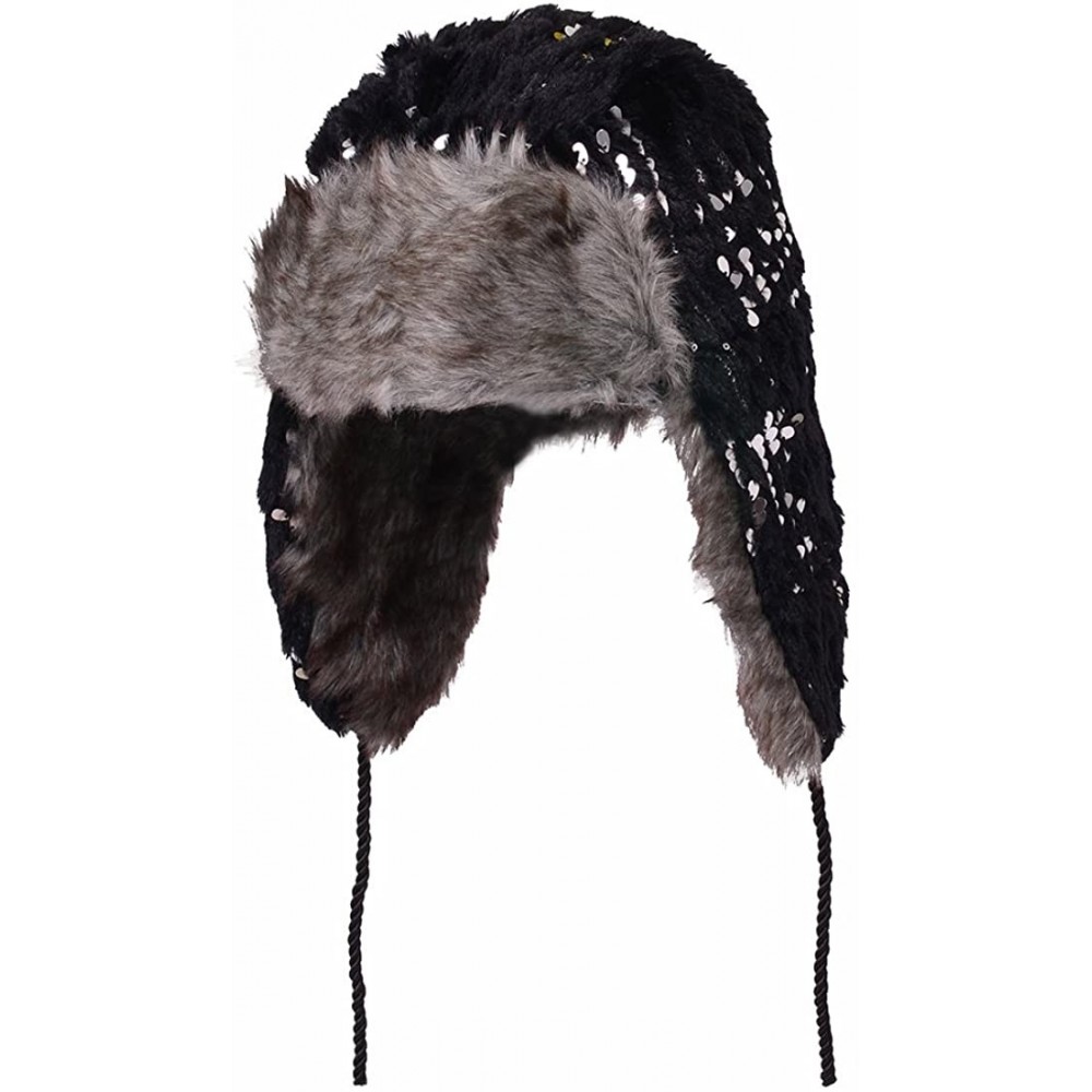 Bomber Hats Earflap Hat Winter Faux Fur Trapper Ski Hats Womens Girls Mens Multi Styles - Sequins & Faux Fur - Black - C611O8...