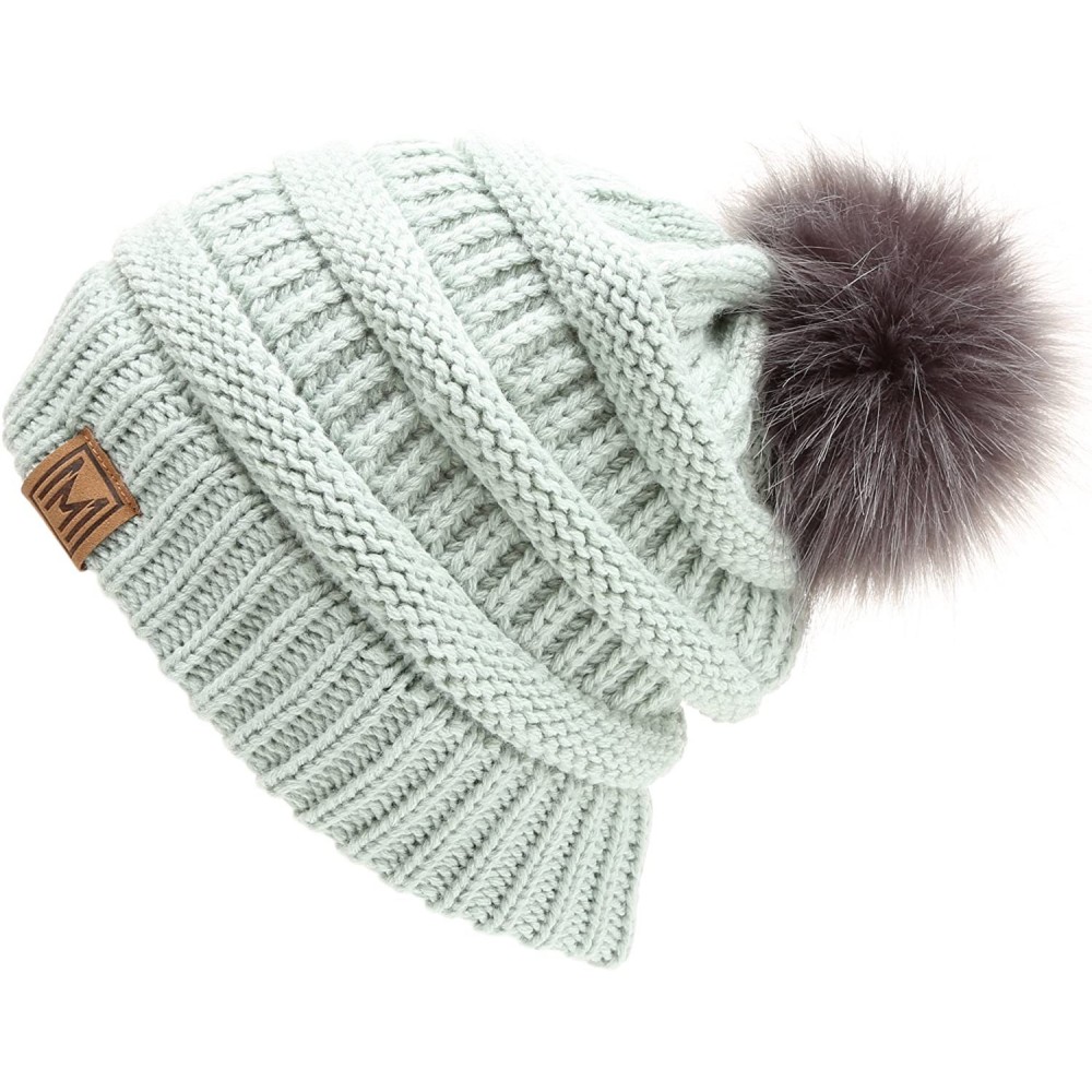 Skullies & Beanies Women's Soft Stretch Cable Knit Warm Skully Faux Fur Pom Pom Beanie Hats - Mint - CK18GQQEIKL $12.62