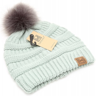Skullies & Beanies Women's Soft Stretch Cable Knit Warm Skully Faux Fur Pom Pom Beanie Hats - Mint - CK18GQQEIKL $12.62