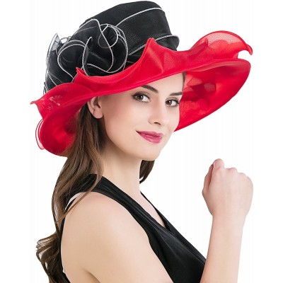 Sun Hats Women's Kentucky Derby Church Summer Organza Wide Brim Party Wedding Hat - Red and Black - CP12O7LIJ75 $23.22