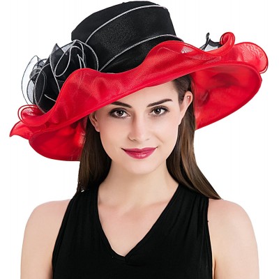 Sun Hats Women's Kentucky Derby Church Summer Organza Wide Brim Party Wedding Hat - Red and Black - CP12O7LIJ75 $23.22