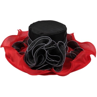 Sun Hats Women's Kentucky Derby Church Summer Organza Wide Brim Party Wedding Hat - Red and Black - CP12O7LIJ75 $23.22