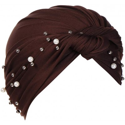 Skullies & Beanies Women Muslim Turban Pearl Hat Bonnet Hijab Headscarf Islamic Chemo Cap - Coffee - CX18RAYEH4S $7.84