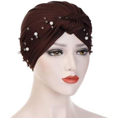 Skullies & Beanies Women Muslim Turban Pearl Hat Bonnet Hijab Headscarf Islamic Chemo Cap - Coffee - CX18RAYEH4S $7.84