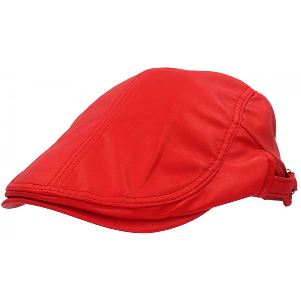 Newsboy Caps Classic Buckle PU Leather Newsboy Cap Driving Flat Cabby Ivy Beret Hat - Red - CA182Z3STQT $15.10