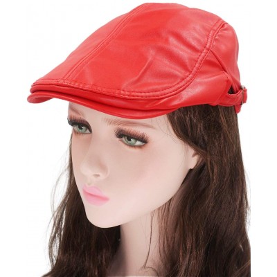 Newsboy Caps Classic Buckle PU Leather Newsboy Cap Driving Flat Cabby Ivy Beret Hat - Red - CA182Z3STQT $15.10