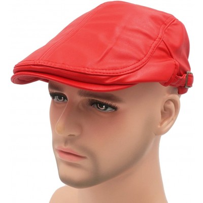 Newsboy Caps Classic Buckle PU Leather Newsboy Cap Driving Flat Cabby Ivy Beret Hat - Red - CA182Z3STQT $15.10