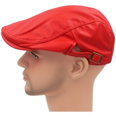 Newsboy Caps Classic Buckle PU Leather Newsboy Cap Driving Flat Cabby Ivy Beret Hat - Red - CA182Z3STQT $15.10