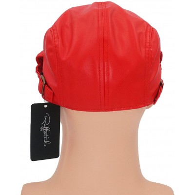 Newsboy Caps Classic Buckle PU Leather Newsboy Cap Driving Flat Cabby Ivy Beret Hat - Red - CA182Z3STQT $15.10