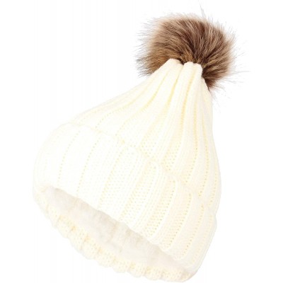 Skullies & Beanies Trendy Ribbed Knitted Fur Pom Pom Beanie Hat Slouchy CR5146 - Ivory - CG18LD6WC2O $25.46