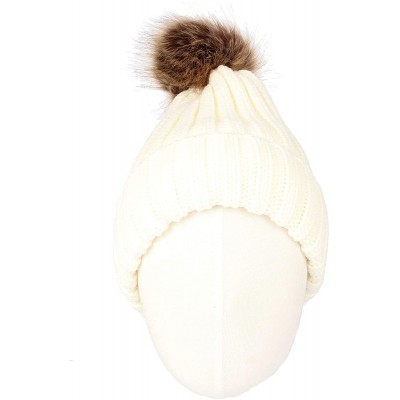 Skullies & Beanies Trendy Ribbed Knitted Fur Pom Pom Beanie Hat Slouchy CR5146 - Ivory - CG18LD6WC2O $16.74