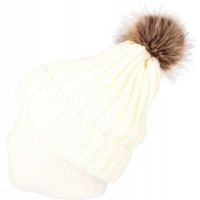 Skullies & Beanies Trendy Ribbed Knitted Fur Pom Pom Beanie Hat Slouchy CR5146 - Ivory - CG18LD6WC2O $16.74