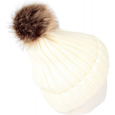 Skullies & Beanies Trendy Ribbed Knitted Fur Pom Pom Beanie Hat Slouchy CR5146 - Ivory - CG18LD6WC2O $16.74