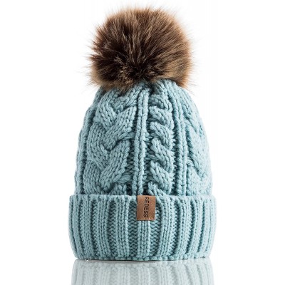 Skullies & Beanies Women Winter Pompom Beanie Hat with Warm Fleece Lined- Thick Slouchy Snow Knit Skull Ski Cap - 1 Sky Blue ...