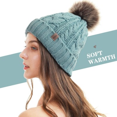 Skullies & Beanies Women Winter Pompom Beanie Hat with Warm Fleece Lined- Thick Slouchy Snow Knit Skull Ski Cap - 1 Sky Blue ...