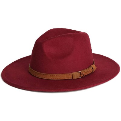 Fedoras Dantiya Men & Women Vintage Wide Brim Wool Fedora Panama Hat with Belt Buckle - Wine Red - CC1922ENW4H $15.93