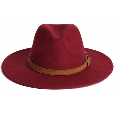 Fedoras Dantiya Men & Women Vintage Wide Brim Wool Fedora Panama Hat with Belt Buckle - Wine Red - CC1922ENW4H $15.93