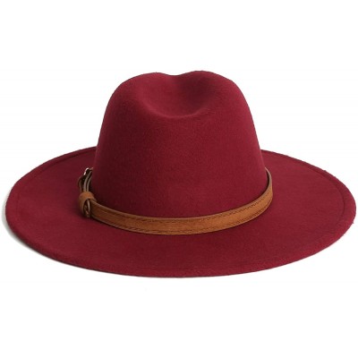 Fedoras Dantiya Men & Women Vintage Wide Brim Wool Fedora Panama Hat with Belt Buckle - Wine Red - CC1922ENW4H $15.93