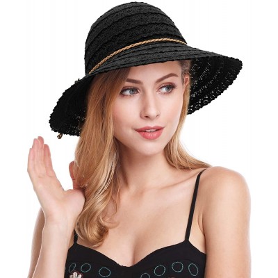 Sun Hats Womens Straw Sun Hat Wide Brim Floppy Hat Summer Beach Cap - Knitted Lace_black - C918R7XED9Y $12.76