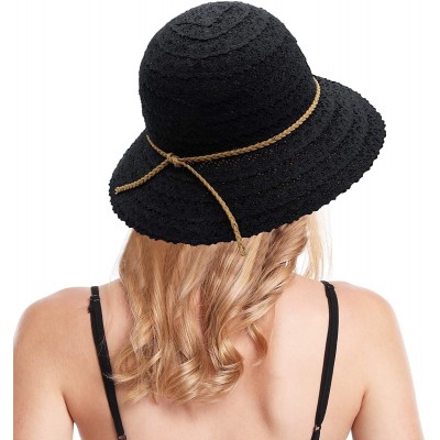 Sun Hats Womens Straw Sun Hat Wide Brim Floppy Hat Summer Beach Cap - Knitted Lace_black - C918R7XED9Y $12.76