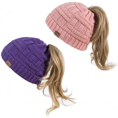 Skullies & Beanies Womens High Messy Bun Beanie Hat with Ponytail Hole- Winter Warm Trendy Knit Ski Skull Cap - Pink&purple -...
