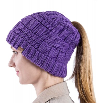 Skullies & Beanies Womens High Messy Bun Beanie Hat with Ponytail Hole- Winter Warm Trendy Knit Ski Skull Cap - Pink&purple -...