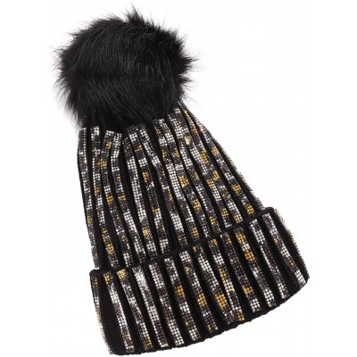 Skullies & Beanies Winter Slouchy Knit Beanie Hats for Women Warm Chunky Skull Caps Leopard Rainbow Faux Fur Pom Pom Beanie -...