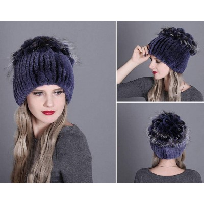 Skullies & Beanies Fur Hat Real Rex Rabbit Fur and Silver Fox Fur Top Flower Shape Cap Women Elastic Winter Warm - Navy Blue ...