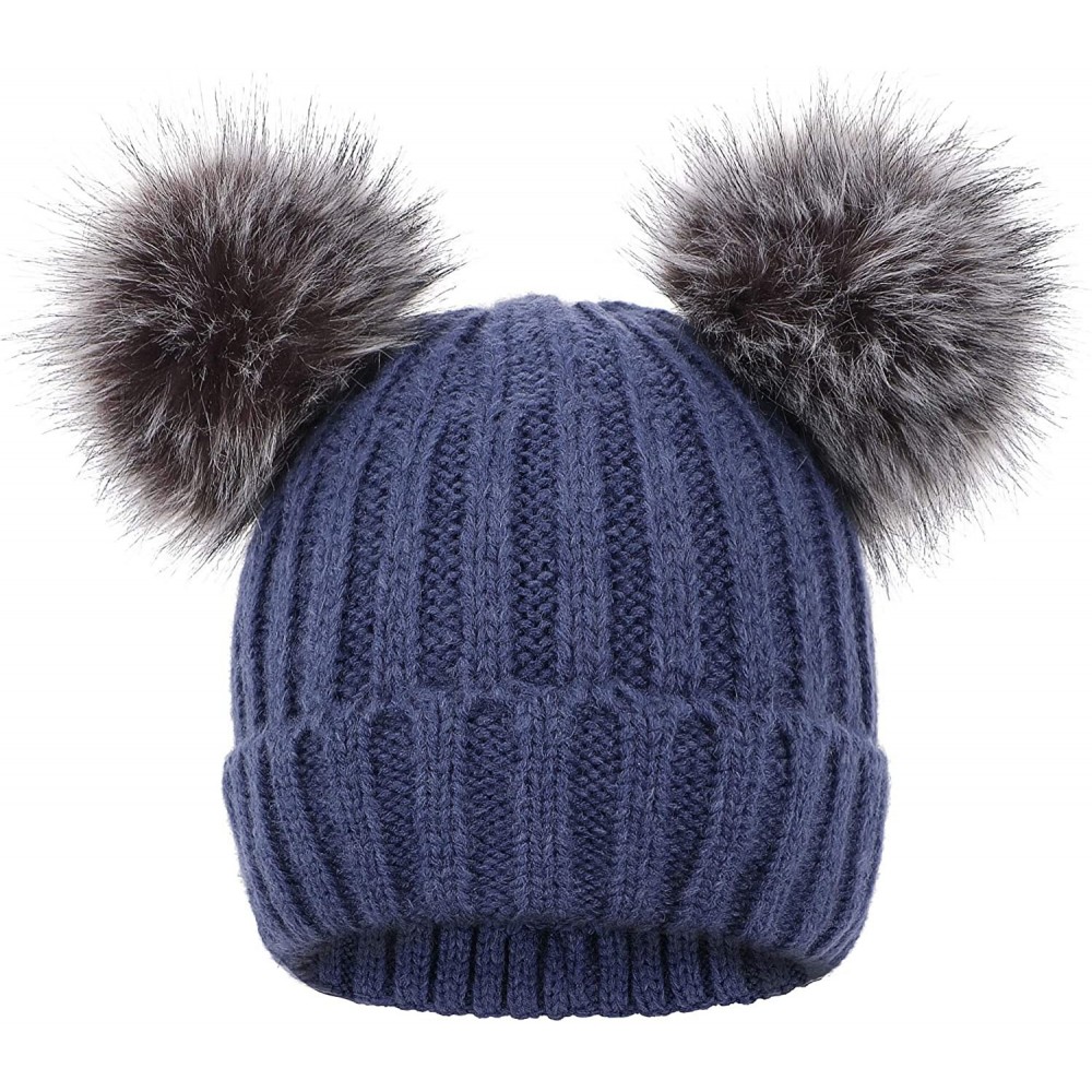 Skullies & Beanies Women's Faux Fur Pompom Mickey Ears Cable Knit Winter Beanie Hat - Navy Hat Black Grey Ball Black Lining -...