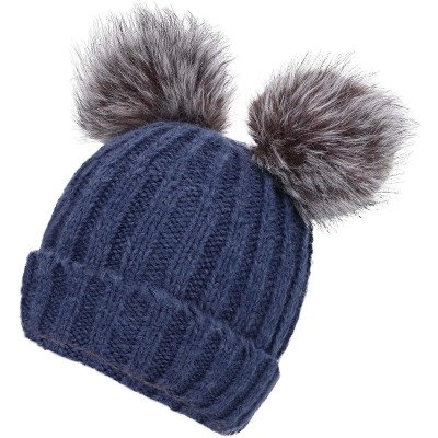 Skullies & Beanies Women's Faux Fur Pompom Mickey Ears Cable Knit Winter Beanie Hat - Navy Hat Black Grey Ball Black Lining -...