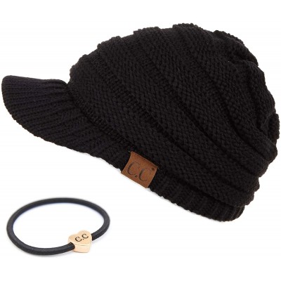 Skullies & Beanies Hatsandscarf Exclusives Women's Ribbed Knit Hat with Brim (YJ-131) - Black With Ponytail Holder - CD18XHIR...