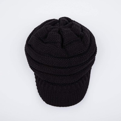 Skullies & Beanies Hatsandscarf Exclusives Women's Ribbed Knit Hat with Brim (YJ-131) - Black With Ponytail Holder - CD18XHIR...